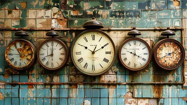 تعدادی ساعت قدیمی روی دیوار که زمان های متفاوتی را نشان می دهند