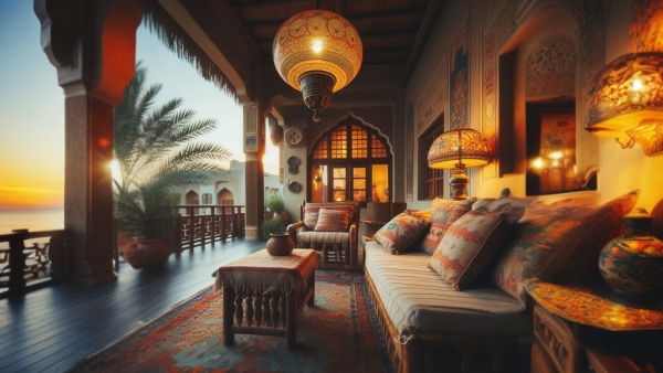بالکن و اتاق نشیمن یک خانه عربی با مبل و آباژور