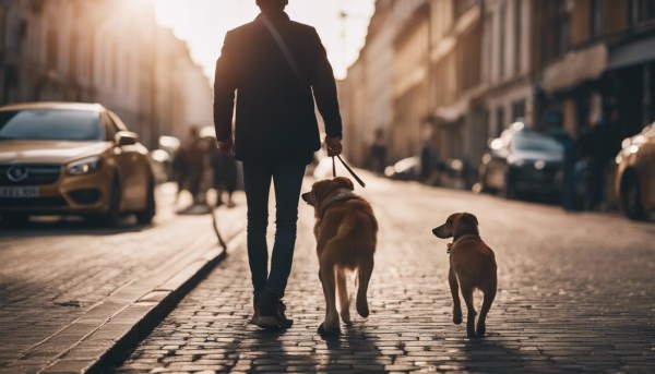 تصویر دو سگ و صاحبش در خیابان