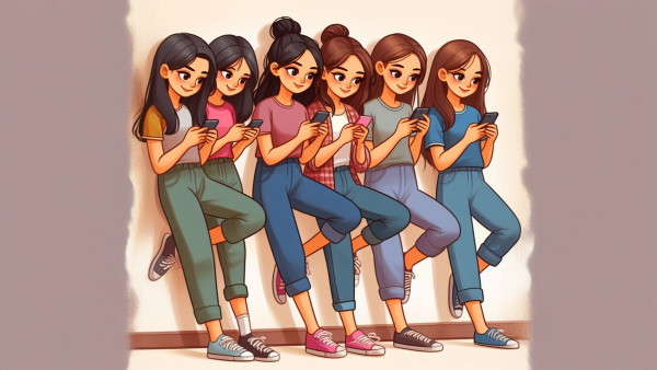 تصویر چند دختر جوان که به دیوار تکیه داده‌اند و در حال بازی کردن با تلفن همراهشان هستند