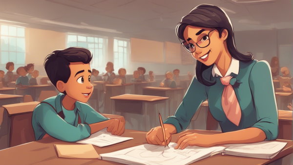 یک معلم و یک دانش آموز نشسته پشت یک میز در یک کلاس درس (تصویر تزئینی مطلب تبدیل عدد اعشاری به کسر)