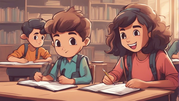 سه دانش آموز دبستانی نشسته پشت میز در کلاس درس با مداد و دفتر