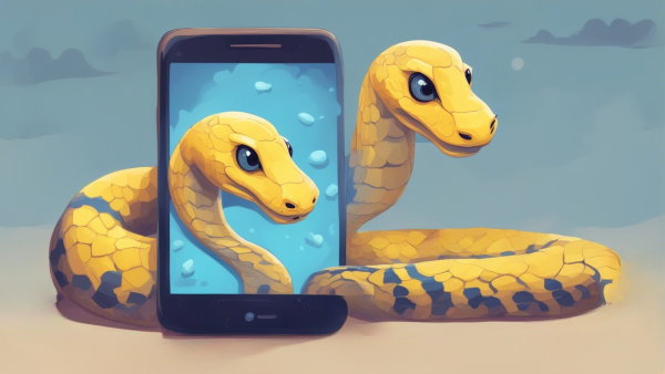 تصویر یک مار در صفحه یک موبایل و یک مار در اطراف موبایل