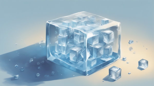 تصویر گرافیکی یک مکعب مستطیل یخی با چند مکعب یخی درونش (تصویر تزئینی مطلب حجم مکعب مستطیل)