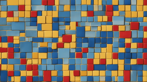 تصویر گرافیکی دیواری متشکل از چندین کاشی کوچک به رنگ های زرد، آبی و قرمز