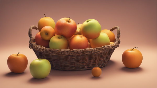 تصویر گرافیکی چند سیب و پرتقال داخل یک سبد حصیری