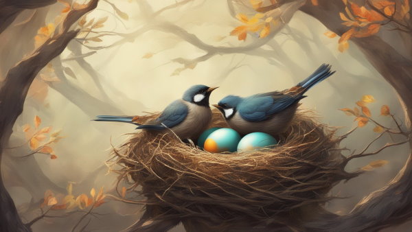 تصویر گرافیکی از دو پرنده و دو تخم در یک لانه بر روی شاخه درخت (تصویر تزئینی مطلب درصد چیست)
