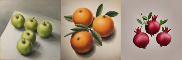 تصویر گرافیکی چند سیب، پرتقال و انار