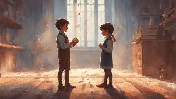 تصویر گرافیکی دو کودک دختر و پسر با سکه در دست در اتاق
