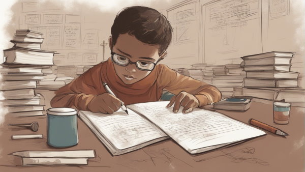 یک کودک دبستانی در حال نوشتن پشت میز (تصویر تزئینی مطلب ساده کردن کسر ها)