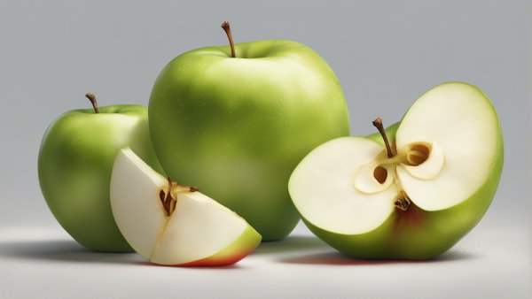 دو سیب سبز کامل و دو تکه سیب (تصویر تزئینی مطلب ساده کردن کسر ها)