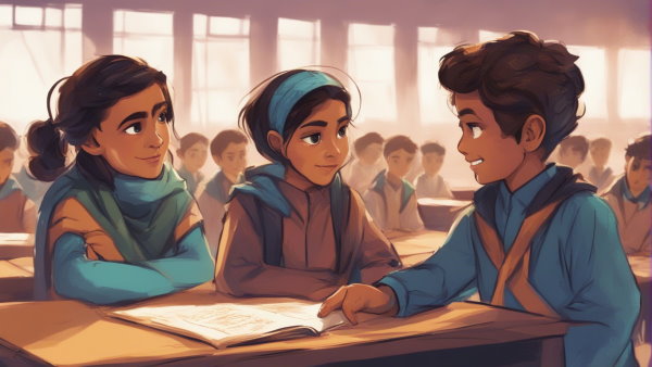 دو دانش آموز دختر و یک دانش آموز پسر نشسته دور یک میز (تصویر تزئینی مطلب ساده کردن کسر ها)