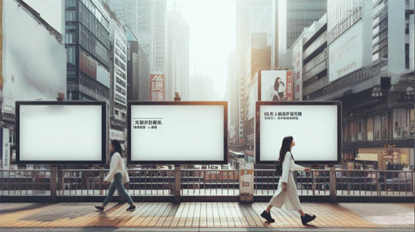 پوسترهای تبلیغاتی نصب شده کنار پیاده رو در ژاپن