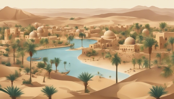 نقاشی منظره بیابان و رودخانه عربی