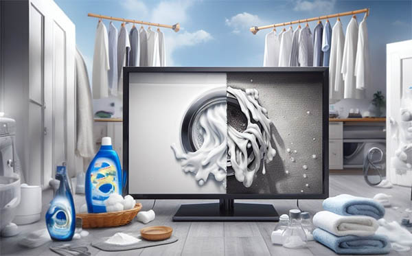 تبلیغات پودر ماشین لباسشویی در تلویزیون که لباس ها را قبل از شستن و پس از شستن با پودر نشان می دهد