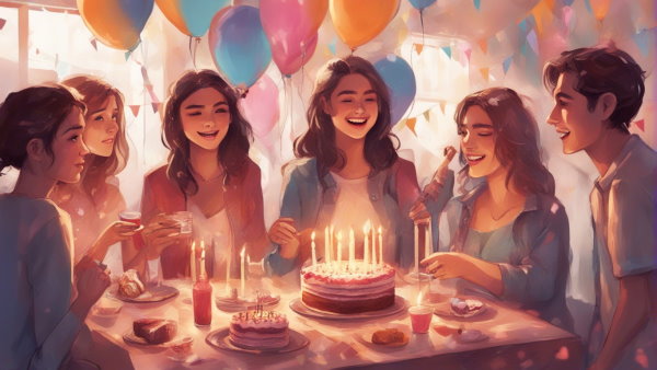 تصویر گرافیکی جشن تولد یک دختر با کیک و شمع و بادکنک و خندیدن دوستان دور میز