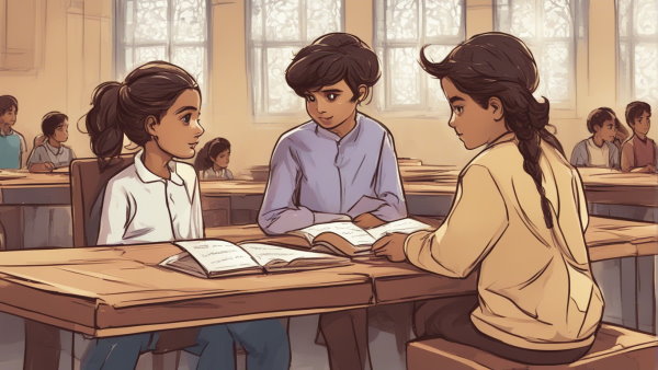 تصویر گرافیکی سه کودک دبستانی پشت میز در حال صحبت (تصویر تزئینی مطلب میانگین چیست)