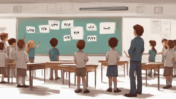 تصویر گرافیکی دانش آموزان دبستان جمع شده در مقابل تخته کلاس به همراه معلم و در حال نگاه کردن به اعداد اعشاری