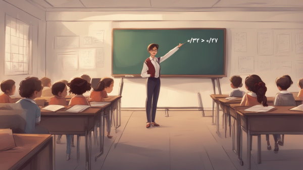 تصویر گرافیکی یک معلم در کلاس دبستان در حال اشاره به مقایسه دو عدد اعشاری نوشته شده روی تخته