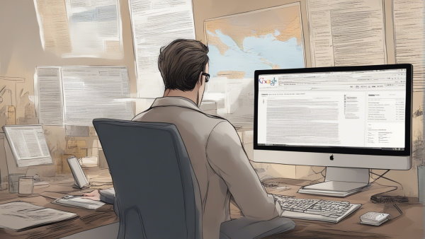 یک مرد نشسته پشت کامپیوتری که صفحه نتایج گوگل را نمایش می دهد (تصویر تزئینی مطلب درآمد برنامه نویسی در ایران)