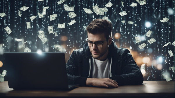 مرد جوان نشسته در حال نگاه کردن به لپ تاپ، در پس زمینه اسکناس پول می بارد
