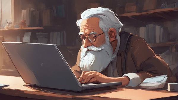 یک پیر مرد در حال کار کردن با لپ تاپ