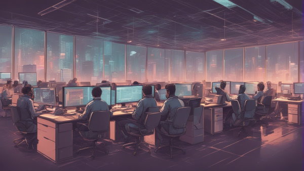 چندین برنامه نویس در یک اتاق بزرگ پشت کامپیوتر (تصویر تزئینی مطلب درآمد برنامه نویسی در ایران)