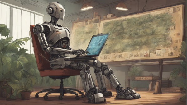 یک ربات نشسته روی صندلی مقابل تخته ای پر از عکس (تصویر تزئینی مطلب ساخت هوش مصنوعی)