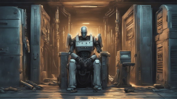 یک ربات نشسته در ورودی یک سرور
