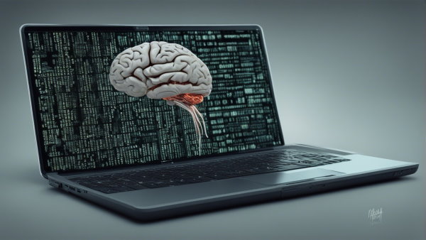 یک لپ تاپ با تصویر یک مغز انسان روی صفحه نمایش (تصویر تزئینی مطلب ساخت هوش مصنوعی)
