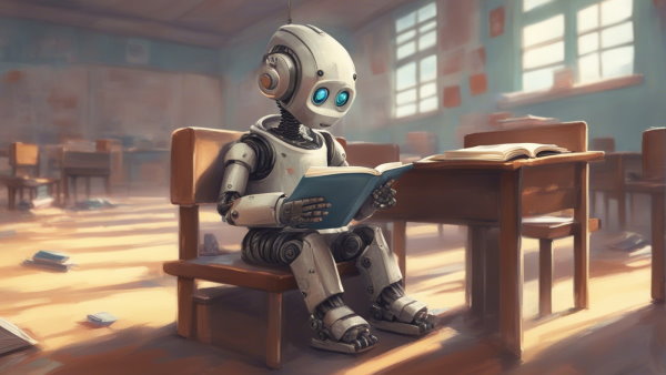 یک بچه ربات نشسته روی صندلی در یک کلاس درس در حال کتاب خواندن