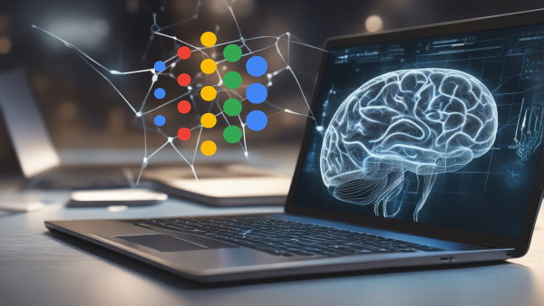 یک لپ تاپ با تصویر یک مغز انسان روی صفحه نمایش و لولگی Google AI