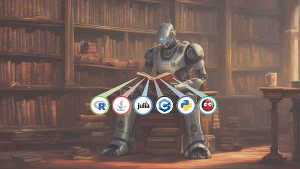 یک ربات در حال خواندن کتاب در کتابخانه (تصویر تزئینی مطلب ساخت هوش مصنوعی)