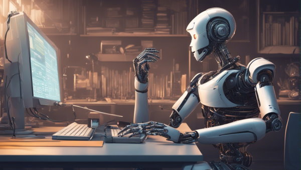 یک ربات پشت میز کامپیوتر در حال نگاه کردن به مانیتور