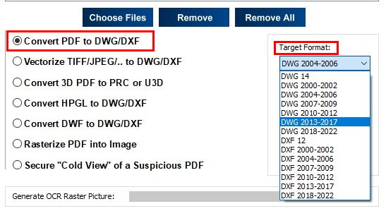 انتخاب نسخه خروجی تبدیل PDF به DWG