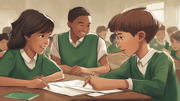 سه دانش آموز دور یک میز در نگاه کردن به هم (تصویر تزئینی مطلب تناسب در ریاضی)