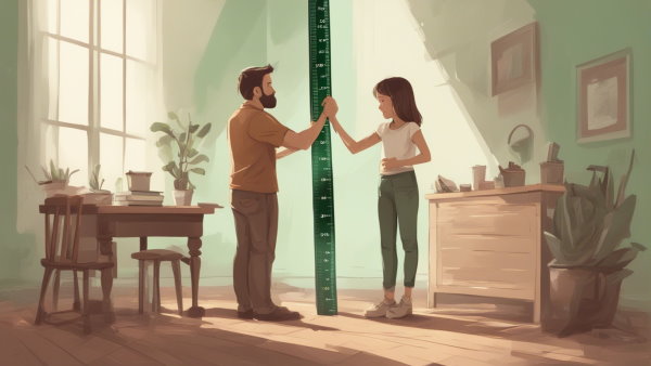 پدر و دختر در کنار یک متر بزرگ برای اندازه گیری قد