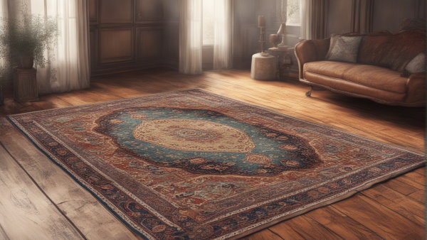 فرش ایرانی بر روی زمین چوبی اتاق (تصویر تزئینی مطلب مساحت چیست)