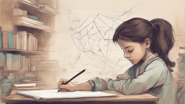 یک دختر دبستانی نشسته پشت میز در حال نوشتن (تصویر تزئینی مطلب مساحت چیست)