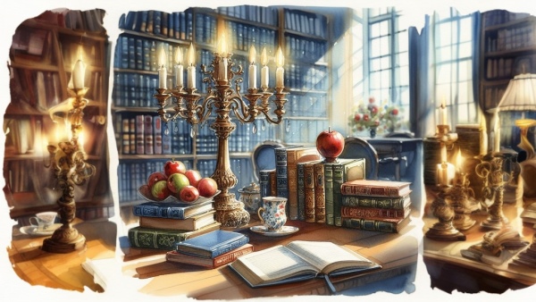 نقاشی چند جلد کتاب، میوه و شمع روی میزی در کتابخانه