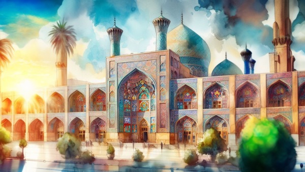 نقاشی آبرنگ مسجد ایرانی