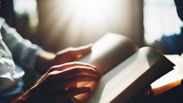 دستان یک فرد در حال لمس صفحات یک کتاب در نور آفتاب