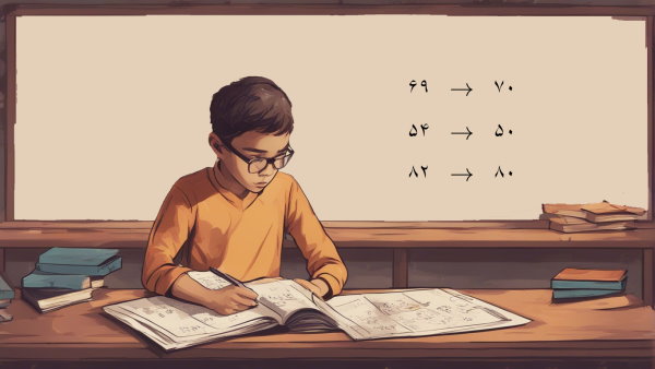 دانش آموز در حال خواندن جزوه و تخته در پس زمینه (تصویر تزئینی مطلب تقریب در ریاضی)