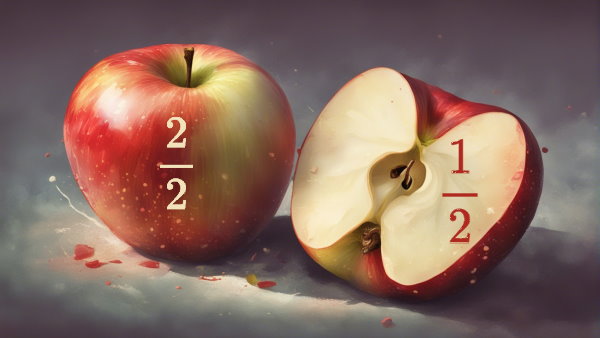 یک سیب کامل و یک نصفه سیب که مقایسه کسرها با مخرج مساوی را نشان می دهند
