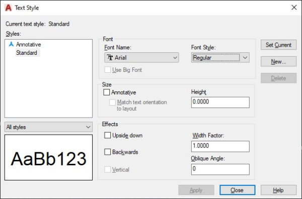 پنجره Text Style در اتوکد