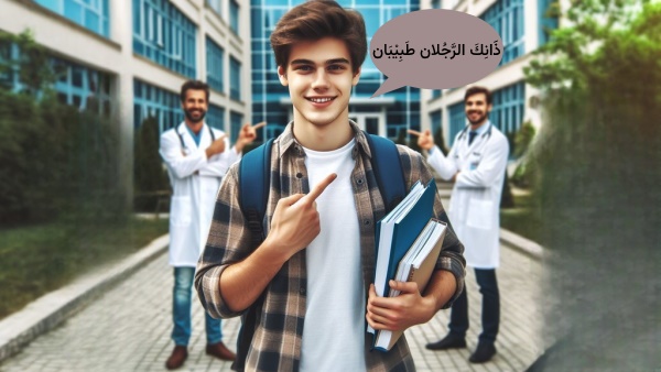 دانش آموز پسر در حال اشاره به دو دکتر در حیاط بیمارستان