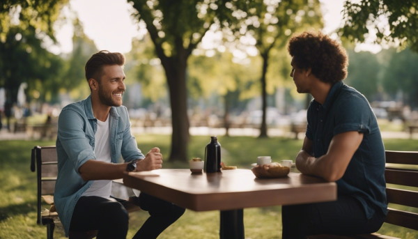 دو مرد در حال صحبت کردن در پارک