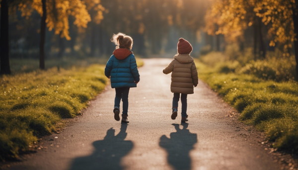 تصویر دو کودک در حال پیاده‌روی در پارک
