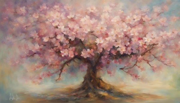 نقاشی درختی با شکوفه های بهاری