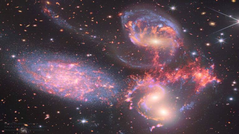 پنج قلوی استفان از دید تلسکوپ های جیمز وب، هابل و سوبارو — تصویر نجومی ناسا